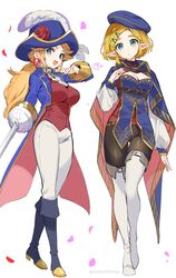  2girls :d :o ? aristocratic_clothes ascot beret black_footwear black_pants blonde_hair blue_cape blue_eyes blue_headwear blue_jacket blue_tunic boots breasts cape commentary_request earrings falling_petals flower fold-over_boots full_body green_eyes hair_ornament hairclip hand_up hat hat_feather hat_flower highres holding holding_sword holding_weapon hood hooded_cape jacket jewelry knee_boots large_breasts long_hair looking_at_viewer mario_(series) medium_breasts multiple_girls official_alternate_costume open_clothes open_jacket pants parted_lips petals pointy_ears ponytail princess_peach princess_peach:_showtime! princess_zelda rapier red_flower red_rose red_vest rose royal_guard_set_(zelda) shirt short_hair shuri_(84k) smile sphere_earrings spoken_question_mark sword swordfighter_peach the_legend_of_zelda the_legend_of_zelda:_breath_of_the_wild thigh_boots twitter_username vest weapon white_ascot white_background white_footwear white_pants white_shirt 