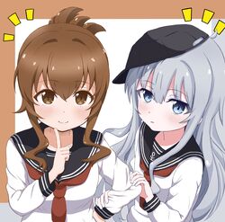  2girls black_headwear blue_eyes brown_eyes brown_hair flat_cap folded_ponytail grey_hair hat hibiki_(kancolle) highres inazuma_(kancolle) kantai_collection long_hair long_sleeves multiple_girls neckerchief red_neckerchief school_uniform serafuku shirt smile tottsan white_shirt 