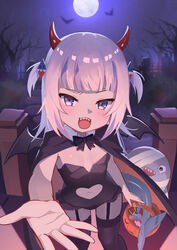  :d absurdres alternate_costume bandages bare_tree bat_wings black_cape black_garter_straps black_thighhighs bloop_(gawr_gura) blue_eyes blue_hair blunt_bangs blush breasts candy cape clothing_cutout commentary english_commentary female food full_moon garter_straps gawr_gura hair_ornament halloween halloween_bucket halloween_costume heart_cutout highres hirotaka0125 hololive hololive_english horns long_hair looking_at_viewer moon multicolored_hair navel_cutout night open_mouth outdoors outstretched_arm sharp_teeth small_breasts smile solo streaked_hair teeth thighhighs tree trick-or-treating two_side_up upper_teeth_only virtual_youtuber white_hair wings 