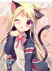  animal_ears bad_id bad_pixiv_id blonde_hair blush bow cat_ears cat_tail collared_shirt female hair_bun hair_ornament heart highres jacket key kin-iro_mosaic kujou_karen long_hair looking_at_viewer moegi_high_school_uniform oerba_yun_fang one_eye_closed open_mouth paw_pose red_bow school_uniform shiratama_(shiratamaco) shirt single_hair_bun solo tail union_jack white_shirt x_hair_ornament 