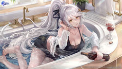  absurdres alcohol azur_lane bare_legs barefoot bathtub bibimbub black_bra black_ribbon black_shorts bottle bra braid breasts cleavage copyright_name cork cup drinking_glass expressionless faucet feet female foot_out_of_frame glint grey_hair hair_between_eyes hair_ornament hair_ribbon hairclip halterneck hand_in_own_hair highres holding holding_bottle kirov_(azur_lane) kirov_(blend_r)_(azur_lane) lace-trimmed_bra lace_trim large_breasts legs logo long_hair looking_at_viewer midriff milestone_celebration off_shoulder official_alternate_costume official_art open_clothes open_shirt parted_lips partially_submerged ponytail red_wine ribbon see-through shirt short_shorts shorts solo swept_bangs toes towel towel_rack underwear very_long_hair water watermark wet wet_clothes wet_shirt white_shirt wine wine_bottle wine_glass yellow_eyes 