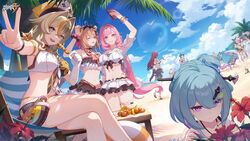  4boys 6+girls :d ahoge animal_ears aponia_(honkai_impact) aponia_(mesmerizing_blue) ball bare_shoulders beach beach_chair beach_umbrella beachball bikini bikini_skirt black_hair blue_eyes blue_sky breasts brown_hair cat_ears cat_girl cat_tail cleavage closed_mouth cloud cloudy_sky copyright_name crossed_arms dress eden_(honkai_impact) elf elysia_(honkai_impact) elysia_(miss_pink_elf)_(honkai_impact) elysia_(summer_miss_elf)_(honkai_impact) eyewear_on_head flip-flops flower food fox_ears frilled_bikini frills fu_hua fu_hua_(shadow_knight) full_body gloves green_hair grey_eyes grin griseo griseo_(starry_impression) hair_ornament hairclip hat headband highres holding holding_ball holding_beachball holding_food holding_ice_cream holding_phone holding_surfboard honkai_(series) honkai_impact_3rd horns ice_cream kalpas_(honkai_impact) kevin_kaslana kosma logo long_hair looking_at_viewer mask medium_hair mobius_(daughter_of_corals)_(honkai_impact) mobius_(honkai_impact) multiple_boys multiple_girls navel official_alternate_costume official_art open_mouth outdoors palm_tree pardofelis_(honkai_impact) pardofelis_(midsummer_collector)_(honkai_impact) phone pink_hair pirate_hat pointy_ears ponytail purple_eyes red_flower sakura_(honkai_impact) sand sandals second-party_source selfie shadow shirt short_hair single_glove sitting sky smile standing strapless strapless_dress su_(honkai_impact) sun_hat sundress sunglasses surfboard swimsuit tail teeth tree twintails umbrella v vill-v vill-v_(i&#039;m_the_storm) white_dress white_gloves white_hair white_headwear white_shirt yae_sakura yae_sakura_(goushinnso_memento) 