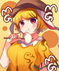  :t animal_ears bad_id bad_twitter_id blonde_hair blush breasts brown_hat cabbie_hat closed_mouth commentary_request crossed_legs dango eating female flat_cap floppy_ears food hat highres kine mallet medium_breasts meimei_(meimei89008309) mg_mg orange_shirt rabbit_ears red_eyes ringo_(touhou) shirt short_hair shorts solo touhou upper_body wagashi yellow_shirt 