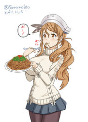  beige_sweater black_pantyhose brown_eyes brown_hair eating female food fork geru grey_skirt headdress kantai_collection littorio_(kancolle) long_hair official_alternate_costume one-hour_drawing_challenge pantyhose pasta pleated_skirt side_ponytail simple_background skirt solo spaghetti wavy_hair white_background 