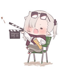  =_= black_scrunchie blush brown_cardigan cardigan chibi clapperboard closed_eyes commentary_request crossed_legs director director&#039;s_chair earrings eyewear_on_head female grey_hair grey_pants hair_ornament hair_over_one_eye hair_scrunchie highres holding ishikawa_luna jacket_around_neck jewelry long_sleeves nikki_kyousuke on_chair original pants pointy_ears scrunchie shirt shoes side_ponytail sitting solo star_(symbol) stud_earrings sunglasses white_background white_footwear white_shirt 