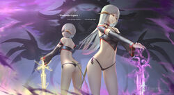  2girls ass au_ra bikini bikini_bottom_only blindfold breasts brown_eyes dark_knight_(final_fantasy) detached_sleeves dragon_girl dragon_horns dragon_tail dutch_angle emet-selch final_fantasy final_fantasy_xiv greatsword grey_hair hades_(ff14) halterneck highres horns long_hair medium_breasts multiple_girls navel scales short_hair spoilers swimsuit sword tail wangchuan_de_quanyan warrior_of_light_(ff14) weapon white_horns white_tail 