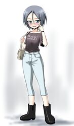  absurdres bag belt black_footwear black_shirt blue_eyes blue_pants blush boots bracelet capri_pants carrying casual clothes_writing commentary female finger_to_face full_body girls_und_panzer glasses grey_hair handbag highres irony jewelry kamishima_kanon looking_at_viewer no_socks off-shoulder_shirt off_shoulder open_mouth pants romaji_text round_eyewear rumi_(girls_und_panzer) shirt short_hair short_sleeves smile solo sugoi_dekai translated white_belt 