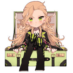  1boy alternate_costume bag bishounen black_pants blonde_hair blush chibi fate/grand_order fate_(series) formal full_body green_eyes long_hair long_sleeves male_focus mizuki_(mz) open_bag pants sitting solo very_long_hair white_background wolfgang_amadeus_mozart_(fate) 