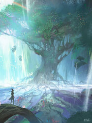  assassin_(ragnarok_online) cape commentary_request crown darkhikari female floating_island from_behind in-universe_location looking_afar outdoors plant_roots purple_cape purple_shirt ragnarok_online scenery shirt short_hair short_ponytail standing torn_cape torn_clothes tree waist_cape water waterfall wide_shot yggdrasil 