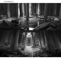  assassin&#039;s_creed:_origins assassin&#039;s_creed_(series) column commentary_request courtyard darkhikari destruction egyptian english_text grass greyscale highres jug_(bottle) letterboxed monochrome no_humans pillar pot sarcophagus scenery signature table temple water 