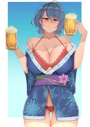  ahoge alcohol alternate_breast_size bare_shoulders beer beer_mug blue_background blue_eyes blue_hair blue_kimono blush bow bra breasts cleavage closed_mouth commission cowboy_shot cup dead_or_alive dead_or_alive_6 dead_or_alive_xtreme female gradient_background hair_between_eyes hairbow holding holding_cup japanese_clothes kimono large_breasts mole mole_under_eye mug multicolored_hair obi off_shoulder panties red_bra red_panties sash short_hair short_kimono smile solo streaked_hair taiko3000cc tamaki_(doa) thigh_gap thighs underwear 