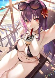  arm_up armpits bare_shoulders beach_chair bikini black_bikini blush breasts bubble_tea bubble_tea_challenge cleavage collarbone commentary cup disposable_cup drinking_straw eyewear_on_head fate/grand_order fate_(series) female flower hair_flower hair_ornament hibiscus highres large_breasts long_hair looking_at_viewer meme navel object_on_breast purple_hair red_eyes sage_joh scathach_(fate) selfie sitting smile solo sunglasses swimsuit symbol-only_commentary thighs 