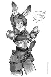  animal_ears armor bbc-chan boobplate breastplate breasts easter egg english_text fake_animal_ears female final_fantasy final_fantasy_vii final_fantasy_vii_remake fishnet_top fishnets food greyscale hand_on_own_hip headband highres holding holding_egg holding_food holster impossible_armor jessie_rasberry leotard leotard_under_clothes monochrome pants pauldrons ponytail rabbit_ears sexually_suggestive shoulder_armor small_breasts solo speech_bubble sperm_cell thigh_holster 