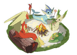  1boy apios bad_id bad_pixiv_id bag berry_(pokemon) bird_boy blaziken blonde_hair blue_eyes body_fur burning campfire claws closed_mouth colored_sclera commentary crying fire full_body grass highres injury leaf leafeon leppa_berry log long_hair looking_at_another lying mago_berry magost_berry male_focus nervous oerba_yun_fang on_back on_side open_mouth orange_eyes outdoors pokemon pokemon_(creature) red_fur sitrus_berry sitting skewer spread_legs stick sweat tail tears vaporeon wavy_mouth yellow_fur yellow_sclera 