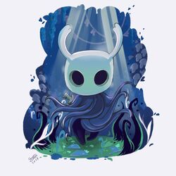  1other border cape dated facing_viewer full_body grass grey_cape highres hollow_eyes hollow_knight horns knight_(hollow_knight) nail_(hollow_knight) old_nail_(hollow_knight) plant shadow signature solo standing sunlight tabiimation vines weapon weapon_on_back white_border 