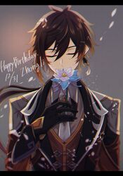  1boy birthday black_gloves black_hair brown_hair closed_eyes covered_mouth earrings flower formal genshin_impact gloves grey_background hair_between_eyes highres holding holding_flower jacket jewelry long_hair long_sleeves male_focus mizuamememe multicolored_hair ponytail simple_background single_earring solo suit tassel tassel_earrings zhongli_(genshin_impact) 