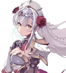  alternate_hair_length alternate_hairstyle armor blush braid breastplate breasts cleavage female flower frills genshin_impact green_eyes grey_hair hair_flower hair_ornament large_breasts long_hair looking_at_viewer maid maid_headdress noelle_(genshin_impact) red_flower red_rose rose shoulder_armor simple_background solo takena-c veil 