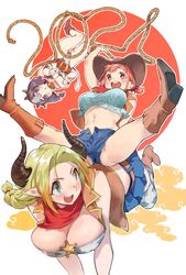  2021 3girls :d all_fours animal_ears animal_print arm_above_head bandana belt blonde_hair blue_shorts blue_skirt blush boots braid breasts breasts_apart brown_belt brown_footwear brown_headwear character_request chest_belt chinese_zodiac cleavage commentary_request cow_ears cow_girl cow_horns cow_print cow_tail cowboy cowboy_hat cowboy_western cowgirl_(western) fringe_trim green_eyes hand_up hat high_heel_boots high_heels highres holding_lasso horns large_breasts lasso leotard micro_shorts miniskirt motogane_hina multiple_girls navel nonco oerba_yun_fang open_mouth parted_lips pleated_skirt purple_hair riding shorts skirt smile spread_legs tail thighhighs year_of_the_ox youkai_izakaya_nonbereke 