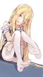  :d ass bad_id bad_twitter_id bare_shoulders black_skirt blonde_hair blue_eyes blush feet female head_tilt highres hololive hololive_english hugging_own_legs inactive_account kiirokuma knees_together_feet_apart knees_up long_hair looking_at_viewer no_shoes official_alternate_costume official_alternate_hair_length official_alternate_hairstyle open_mouth panties panties_under_pantyhose pantyhose simple_background sitting skirt smile solo underwear very_long_hair virtual_youtuber watson_amelia watson_amelia_(street_casual) white_background white_pantyhose yellow_nails 