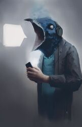  2017 animal_head ari_ibarra avian bird blue_body blue_clothing blue_feathers blue_shirt blue_topwear cellphone clothing detailed detailed_feathers electronics empty_eyes feathers for_a_head front_view grey_background grey_clothing grey_eyes grey_jacket grey_topwear half-length_portrait headphones hi_res holding_cellphone holding_object holding_phone holding_smartphone humanoid icon jacket light_body light_skin male open_mouth phone phone_connector portrait screen_glow shirt simple_background smartphone solo speech_bubble standing surreal topwear 