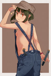  alternate_costume banned_artist blush breasts brown_eyes brown_headwear denim female from_behind green_hair hat head_tilt holding holding_torpedo kantai_collection makio_(makiomeigenbot) naked_overalls overalls pocket short_hair sideboob signature simple_background small_breasts solo takanami_(kantai_collection) torpedo two-tone_background 