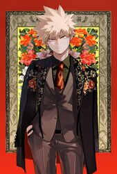  1boy absurdres alternate_costume azalea_(flower) bad_id bad_twitter_id bakugou_katsuki belt black_jacket black_shirt blonde_hair boku_no_hero_academia closed_mouth daffodil floral_print flower formal grey_jacket grey_pants hair_between_eyes hand_in_pocket highres jacket jacket_on_shoulders long_sleeves looking_at_viewer male_focus necktie pants red_eyes red_necktie shirt solo spiked_hair suit unou_(unou_mha) 