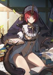  alternate_costume blue_eyes book bow bowtie breasts cleavage collar commentary_request fate/apocrypha fate/grand_order fate_(series) female frankenstein&#039;s_monster_(fate) habit hair_over_eyes holding holding_book horns nun open_book plant red_hair revealing_clothes see-through see-through_cleavage seinen short_hair single_horn sitting solo spiked_collar spikes thorns vines yokozuwari 