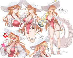  azur_lane backless_swimsuit blonde_hair breasts commentary_request female hat hey_taisyou highleg highleg_swimsuit highres innertube legwear_garter multiple_views official_alternate_costume one-piece_swimsuit pink_one-piece_swimsuit red_eyes richelieu_(azur_lane) richelieu_(fleuron_of_the_waves)_(azur_lane) sandals single_legwear_garter sun_hat swim_ring swimsuit translation_request 