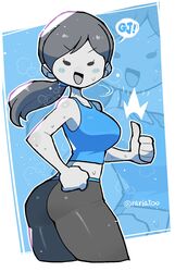  :d ^_^ absurdres acronym artist_name ass black_eyes black_hair blonde_hair blue_eyes blue_tank_top blush blush_stickers border breasts capri_pants clenched_hands closed_eyes colored_skin commentary cowboy_shot crop_top cropped_legs determined female fist_pump gym_uniform hand_on_own_hip highres jaggy_lines large_breasts long_hair looking_at_viewer midriff open_mouth outside_border pants ponytail rariatto_(ganguri) shirt smile spandex speech_bubble steam steaming_body sweat symbol-only_commentary tank_top thumbs_up tight_clothes tight_pants white_border white_skin wide_hips wii_fit wii_fit_trainer wii_fit_trainer_(female) yoga_pants zoom_layer 