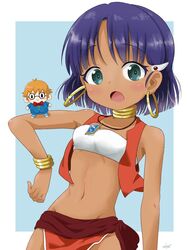  bandeau bob_cut bracelet breasts commentary_request dark-skinned_female dark_skin earrings female fushigi_no_umi_no_nadia green_eyes hair_ornament hairclip highres hoop_earrings jean_roque_lartigue jewelry loincloth looking_at_viewer midriff motokazu_(dontokodon) nadia_la_arwall neck_ring necklace open_mouth pelvic_curtain purple_hair short_hair strapless tube_top vest 