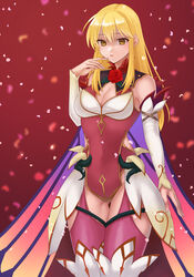  absurdres alternate_costume bare_shoulders blonde_hair boots breasts cape cecilia_(fire_emblem) cecilia_(fire_emblem)_(cosplay) cecilia_(resplendent)_(fire_emblem) cleavage commission cosplay covered_navel dress elbow_gloves falling_petals female fire_emblem fire_emblem:_genealogy_of_the_holy_war fire_emblem:_the_binding_blade fire_emblem_heroes flower full_body garter_straps gloves gold_trim gradient_clothes hand_on_own_face hazuki_(nyorosuke) high_heel_boots high_heels highres lachesis_(fire_emblem) long_hair looking_at_viewer medium_breasts overskirt pelvic_curtain petals plant red_background short_dress simple_background skeb_commission sleeveless solo standing thigh_boots thorns vines yellow_eyes 