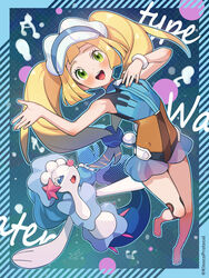  :d barefoot blonde_hair blunt_bangs blush bracelet commentary cosplay eighth_note eyelashes female green_background green_eyes hands_up happy hatsune_miku hatsune_miku_(cosplay) highres jewelry kinocopro legs lillie_(pokemon) long_hair musical_note open_mouth pokemon pokemon_(creature) pokemon_sm primarina project_voltage smile swimsuit teeth toes tongue twintails upper_teeth_only visor_cap vocaloid water_miku_(project_voltage) white_headwear zipper_pull_tab 