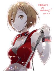  anniversary backlighting bare_shoulders black_bra bra brown_eyes brown_hair character_name collar commentary crop_top dated female graphic_equalizer holding holding_microphone jacket kirita_asami light_particles lips looking_at_viewer meiko_(vocaloid) meiko_(vocaloid3) microphone microphone_stand midriff red_jacket see-through smile solo underwear upper_body vocaloid white_background wristband 