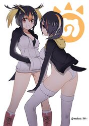  2girls ass black_hair blonde_hair boots breasts brown_eyes commentary_request double-parted_bangs drawstring emperor_penguin_(kemono_friends) grin hair_between_eyes hair_over_one_eye hands_in_pockets headphones hood hood_down hooded_jacket jacket japari_symbol kemono_friends knee_boots large_breasts leotard long_sleeves looking_at_viewer madara_sai medium_breasts medium_hair multiple_girls rockhopper_penguin_(kemono_friends) simple_background smile tail thigh_boots twintails twitter_username white_background white_leotard 