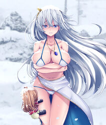  anastasia_(fate) bikini blue_eyes breasts clinging cold doll fate/grand_order fate_(series) female jewelry koza900 large_breasts long_hair navel pendant sarong snow snow_on_body snow_on_head solo swimsuit thigh_gap viy_(fate) wavy_mouth white_hair 