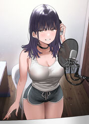  bare_shoulders black_choker black_hair black_shorts blush breasts chair choker cleavage collarbone desk dolphin_shorts door ear_piercing earrings female grin headphones highres holding holding_headphones indoors jewelry large_breasts long_hair looking_at_viewer medium_hair microphone mole mole_under_eye original piercing pop_filter recording_studio short_shorts shorts sleeveless smile solo standing studio_microphone subachi tank_top teeth thighs white_tank_top 