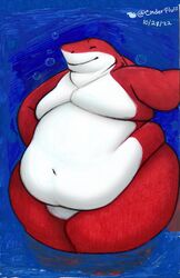  absurd_res anthro back_rolls belly belly_folds belly_overhang bubble cinderfluff fat_rolls fish great_white_shark hi_res irongut_(fatalglory128) love_handles mackerel_shark male marine navel obese overweight overweight_male red_body shark smile solo thick_thighs third-party_edit traditional_media_(artwork) water white_body white_shark 