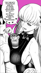  1boy blush breast_press breasts commentary condensation crazy_straw crosshatching cup drink drinking_glass drinking_straw english_commentary english_text faceless faceless_male fate/grand_order fate_(series) female fingernails food from_side fruit fujimaru_ritsuka_(male) greyscale_with_colored_background hand_on_another&#039;s_ass hatching_(texture) heart heart_straw highres kama_(fate) kama_(swimsuit_avenger)_(fate) large_breasts leaf lemon lemon_slice linear_hatching long_hair monochrome one-piece_swimsuit purple_background screentones shinsaku_(stan-art) sideboob simple_background speech_bubble straight sweat swimsuit upper_body 