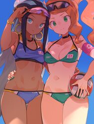  2girls adjusting_eyewear aqua_eyes arm_up ball bare_shoulders bikini black_hair blush bracelet breasts choker cleavage collarbone dark-skinned_female dark_skin earrings eyewear_on_head green_eyes green_nails groin hair_ornament hat highres holding hoop_earrings jewelry long_hair looking_at_viewer medium_breasts multiple_girls nail_polish navel nessa_(pokemon) orange_hair pokemon pokemon_swsh ponytail sidelocks smile sonia_(pokemon) sports_bikini sports_sunglasses spring2013 standing sunglasses sweatdrop swimsuit thigh_gap volleyball volleyball_(object) 