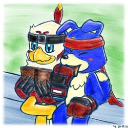  1:1 accessory anthro bandai_namco blue_body blue_fur book boxing_gloves candy chocolate clothing dessert digimon digimon_(species) duo eating food fur gaomon handwear hawkmon headband hi_res littlevdemagic male reading sitting 