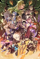  3boys 6+girls :d absurdres animal_ears aponia_(honkai_impact) bare_shoulders beret black_footwear black_gloves black_hair black_headwear black_jacket blue_eyes blue_gloves blue_hair boots bow_(weapon) breasts brown_hair cat_ears cat_girl cat_tail claw_ring cleavage closed_eyes closed_mouth coat commentary dress earrings eden_(honkai_impact) elbow_gloves elf elysia_(honkai_impact) elysia_(miss_pink_elf)_(honkai_impact) english_commentary fingerless_gloves flaming_sword flaming_weapon fox_ears fu_hua fu_hua_(shadow_knight) gloves green_eyes green_hair griseo griseo_(starry_impression) hair_ornament hat headphones headphones_around_neck heterochromia highres holding holding_bow_(weapon) holding_brush holding_palette holding_sword holding_weapon honkai_(series) honkai_impact_3rd horns jacket jewelry kalpas_(honkai_impact) katana kevin_kaslana kosma long_hair long_sleeves looking_at_viewer looking_back mask mobius_(honkai_impact) multiple_boys multiple_girls mush_(mushlicious) nun one_eye_closed open_mouth own_hands_together painting_(action) palette_(object) pardofelis_(honkai_impact) pink_hair pointy_ears ponytail praying purple_dress purple_hair raiden_mei raiden_mei_(herrscher_of_thunder) sakura_(honkai_impact) second-party_source sheath shirt single_earring single_glove sleeveless sleeveless_dress smile su_(honkai_impact) sword tail thigh_boots thighhighs tongue tongue_out unsheathing vill-v weapon white_coat white_dress white_hair white_shirt yae_sakura yae_sakura_(goushinnso_memento) yellow_eyes 