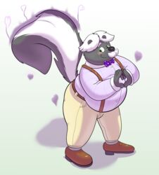  anthro blush bow_tie clothed clothing facial_hair footwear fully_clothed heart_symbol hi_res inflatingskunk male mammal mature_male mephitid musk overweight overweight_male shoes skunk slightly_chubby smile solo suspenders 