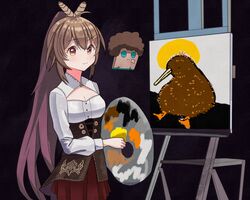  absurdres afro bird bob_ross bob_ross_(cosplay) brown_corset brown_eyes brown_hair corset cosplay dark_background deozt easel feather_hair_ornament feathers female friend_(nanashi_mumei) hair_between_eyes hair_ornament hairclip halo high_ponytail highres holding holding_palette hololive hololive_english kiwi_(bird) long_hair looking_at_viewer nanashi_mumei nanashi_mumei_(1st_costume) owl_girl painting_(object) palette_(object) parody ponytail red_skirt shirt sidelocks skirt the_joy_of_painting very_long_hair virtual_youtuber white_shirt 