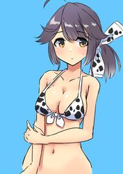  absurdres ahoge animal_print bad_id bad_twitter_id bikini bikini_top_only blue_background breasts cleavage commentary_request cow_print female front-tie_top gradient_hair grey_hair hair_ribbon hayanami_(kancolle) highres kantai_collection komb looking_at_viewer medium_breasts multicolored_hair navel ponytail ribbon sidelocks simple_background solo swimsuit upper_body white_bikini white_ribbon yellow_eyes 