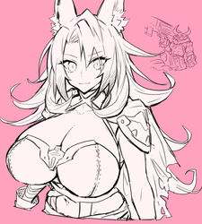  1boy alternate_breast_size animal_ear_fluff animal_ears armor breasts capelet cleavage duel_monster female fur-trimmed_armor fur_trim gloves holding holding_weapon horns huge_breasts long_hair mask melon22 messy_hair midriff_peek navel pink_background shoulder_armor torn_capelet torn_clothes tri-brigade_ferrijit_the_barren_blossom tri-brigade_kerass upper_body weapon yu-gi-oh! 