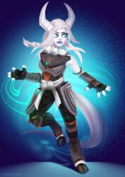  animal_humanoid armor awakeningwind blizzard_entertainment clothed clothing digital_media_(artwork) draenei female fog hair hooves horn human humanoid lips looking_at_viewer magic mammal mammal_humanoid monk not_furry simple_background smile solo warcraft white_body 