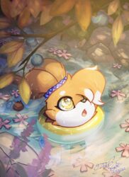  bangs berry buizel female flower food fruit generation_4_pokemon gingy_k_fox hi_res looking_up nintendo oran_berry outside plant pokemon pokemon_(species) pokemon_berry scrunchy solo swimming tree water waterscape yellow_eyes 