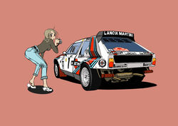  belt black_belt black_shirt blue_pants breasts brown_eyes brown_hair camera car denim female hair_behind_ear holding holding_camera jeans lancia_(brand) lancia_delta_s4 long_sleeves looking_at_viewer martini_(brand) medium_breasts motor_vehicle no_socks original pants pirelli race_vehicle racecar rally_car red_background ryoba_ken_(morova) sandals shirt shirt_tucked_in solo vehicle_focus white_footwear world_rally_championship 