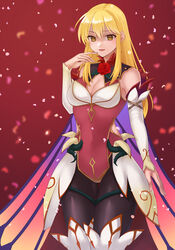  absurdres alternate_costume bare_shoulders black_pantyhose blonde_hair boots breasts cape cecilia_(fire_emblem) cecilia_(fire_emblem)_(cosplay) cecilia_(resplendent)_(fire_emblem) cleavage commission cosplay covered_navel dress elbow_gloves falling_petals female fire_emblem fire_emblem:_genealogy_of_the_holy_war fire_emblem:_the_binding_blade fire_emblem_heroes flower full_body gloves gold_trim gradient_clothes hand_on_own_face hazuki_(nyorosuke) high_heel_boots high_heels highres lachesis_(fire_emblem) long_hair looking_at_viewer medium_breasts overskirt pantyhose pelvic_curtain petals plant red_background short_dress simple_background skeb_commission sleeveless smile solo standing thigh_boots thorns vines yellow_eyes 