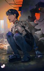  1boy absurdres black_hair blue_eyes broken broken_wall building cassette_player chromatic_aberration crack cracked_wall film_grain highres holding ikari_shinji kyuuba_melo male_focus neon_genesis_evangelion open_mouth orange_sky outdoors plugsuit sky solo teeth tongue turtleneck wire 